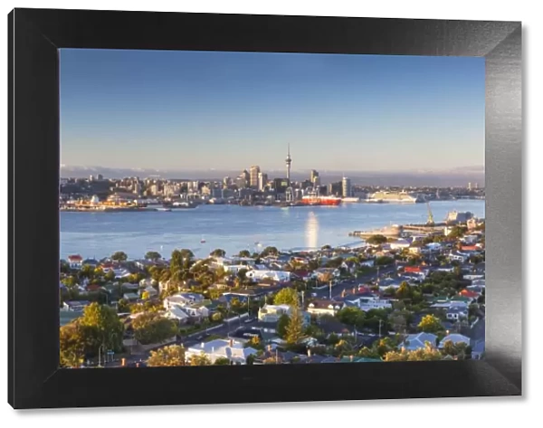 View of Devonport and Auckland skyline at dawn, Auckland, North Island, New Zealand