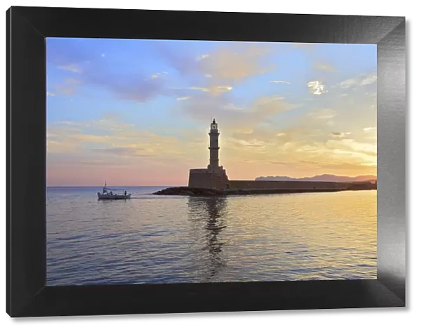 The Light House and Fishing Boat in The Venetian Harbour at Sunrise, Chania, Crete