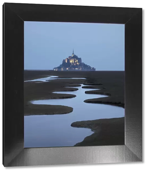 A meandering pool and Mont Saint Michel at night, Manche, Normandy, France