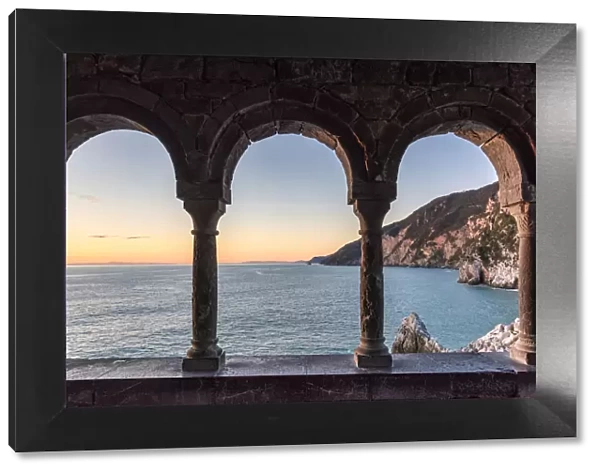 Europe, Italy, Liguria, Portovenere, view through the arches of San Pietro
