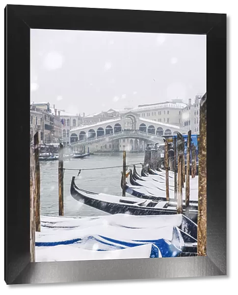 Snowfall at Rialto Bridge, Venice, Veneto, Italy