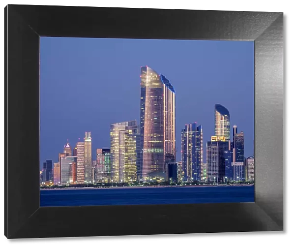 Skyline of the city center at twilight, Abu Dhabi, United Arab Emirates