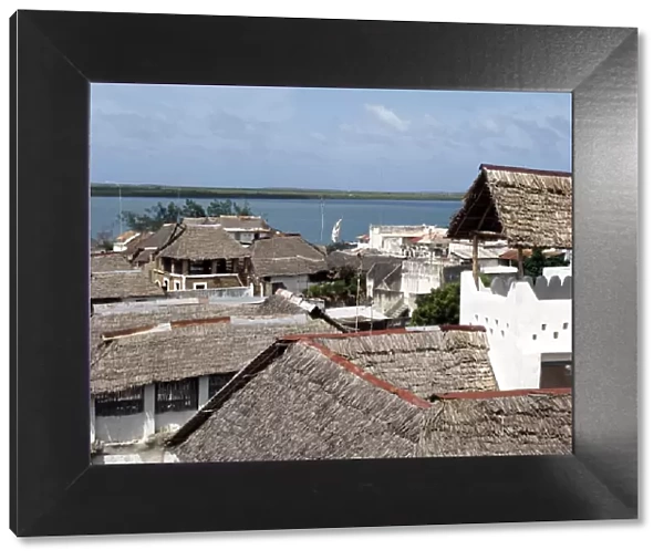 A view over makuti thatched roofs to the estuary that