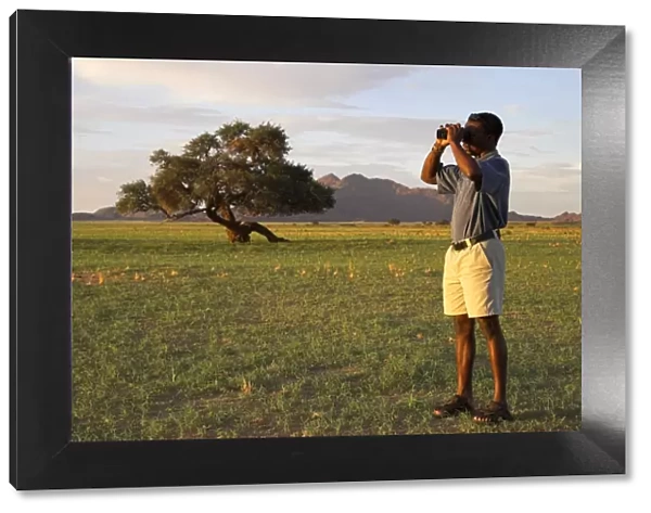 A safari guide scans the horizon with his binoculars