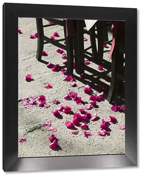 Cafe Table & Pink Flowers, Rethymno, Crete, Greece