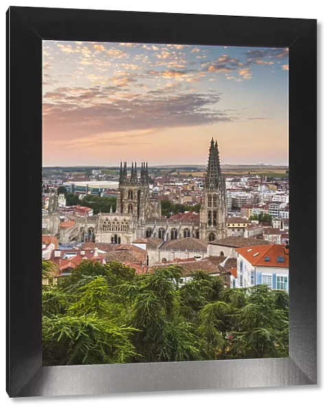 Spain, Castile and Leon, Burgos. Skyline and the gothic Cathedral of Saint Mary of Burgos