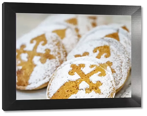 Spain, Galicia, Santiago de Compostela, camino symbol on cookies