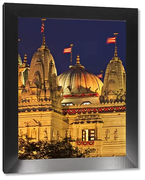 England, London, Neasden, Shri Swaminarayan Mandir Temple illuminated for Hindu Festival of Diwali