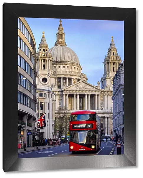 A London bus on Ludgate hill in front of St Pauls Cathedral by Christopher Wren