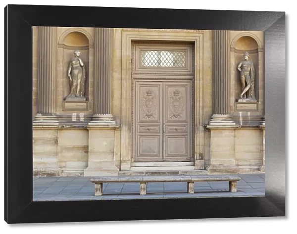 France, Paris, The Louvre, bench infront of doorway
