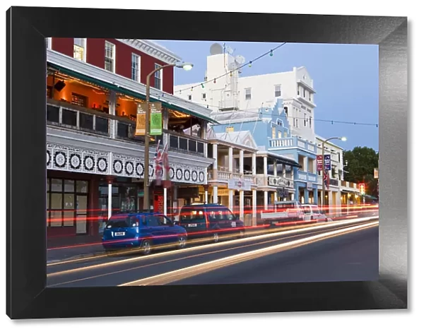 Bermuda, Hamilton, Front Street, Colourful buildings along Hamiltons main street