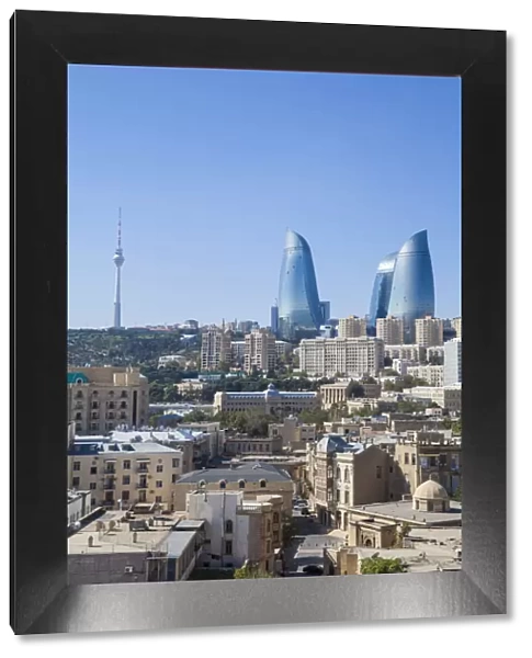 Azerbaijan, Baku, View of Old city, Flame Towers and TV Tower
