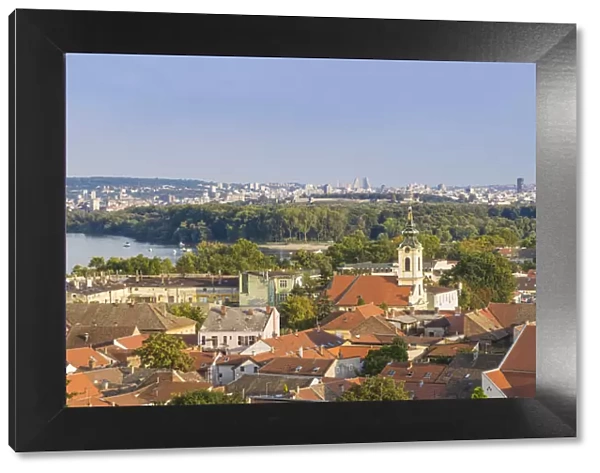 Serbia, Belgrade, Zemun, View of Zemun rooftops, Crkva Uznesenja blazene Djevice