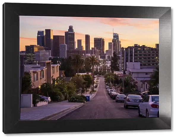 Los Angeles Downtown at sunset as seen from Figueroa District