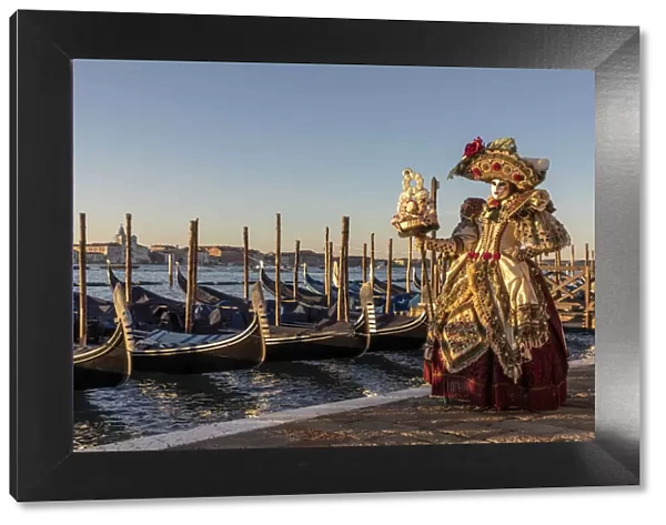 A woman in an elaborate costume poses in front of the Venice lagoon during the Venice