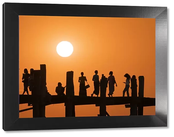 People on U Bein bridge over Taungthaman Lake at sunset, Amarapura, Amarapura Township