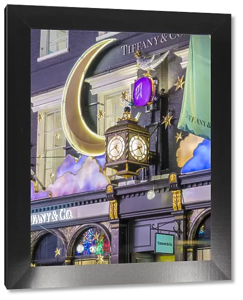 Tiffany clock and christmas decorations, Old Bond street, London, England, UK