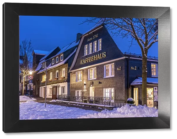 Historic houses in the old town of Winterberg on a winter evening, Sauerland, North Rhine-Westphalia, Germany