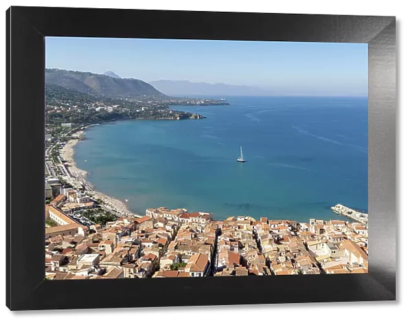 Italy, Sicily, Cefalu, a view of the bay from la Rocca