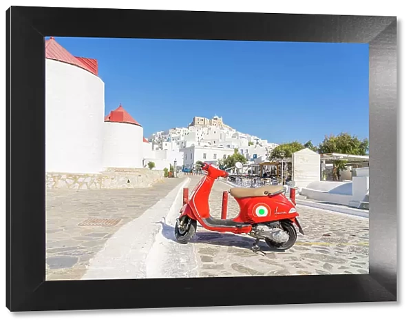 Moped by the Windmills and Castle of Astypalaia, Chora, Astypalaia, Dodecanese, Greek Islands, Greece
