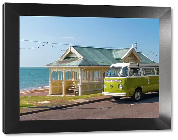 UK, England, Suffolk, Felixstowe, Promenade, beach shelter, VW T2 Baywindow Campervan