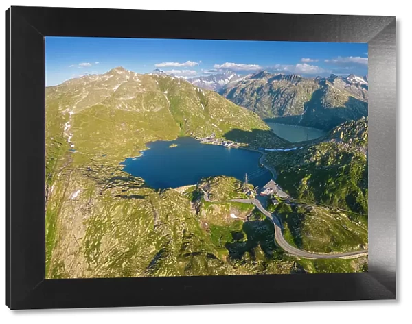 Aerial view of the Totensee at the top of Grimselpass, connecting Guttannen in Berna Canton to Oberwald in Canton of Valais. Obergoms, Canton of Valais, Swiss Alps, Switzerland