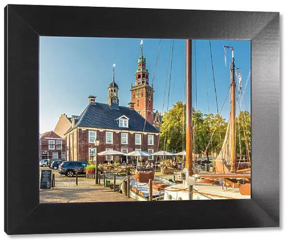 Museum harbor with a view of the town hall, Leer, East Frisia, Lower Saxony, Germany