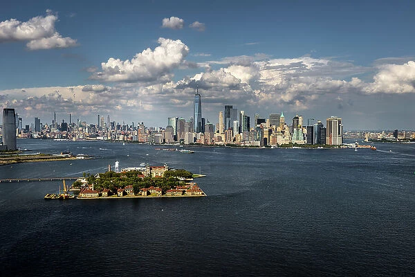 Aerial of Governors Island in the Hudson River & Manhattan skyline, New York, United States of America