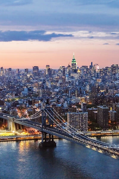 Aerial of Manhattan bridge and Midtown Manhattan at dusk, New York city, USA