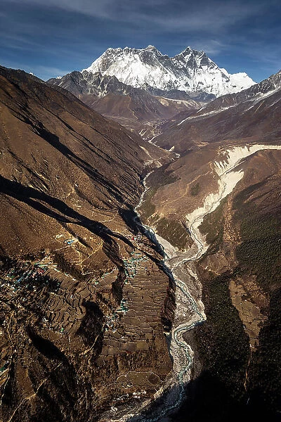 Aerial of Mount Everest (8, 848m), and Lhotse (8, 516m), Pangboche village and Imja Khole valley, Solukhumbu, Nepal
