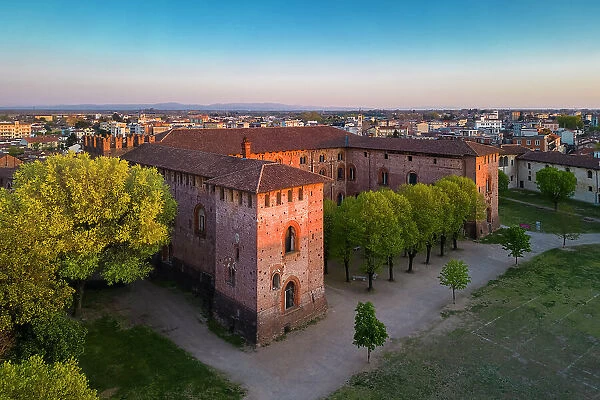 Aerial view of the Castello Sforzesco of Vigevano at sunset. Vigevano, Lomellina, Province of Pavia, Lombardy, Italy