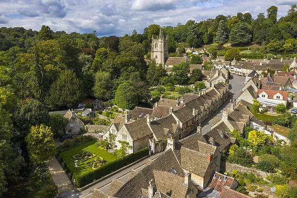 Aerial view of Castle Combe, Cotswolds, Gloucestershire, England, UK