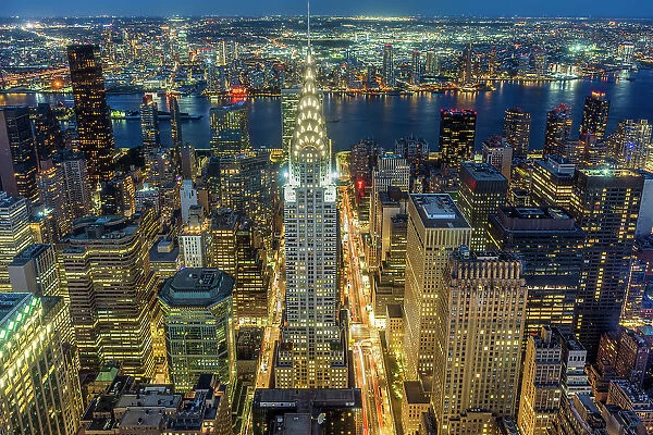 Aerial view of Chrysler Building and Midtown Manhattan skyline at twilight, New York, USA