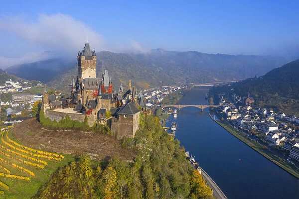 Aerial view on Cochem castle, Cochem, Mosel valley, Rhineland-Palatinate, Germany