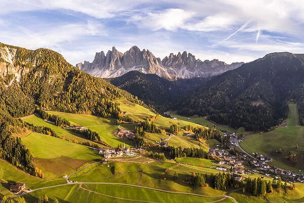 Aerial view of Funes valley at sunset, Dolomites, Italy