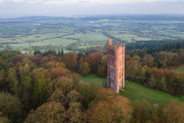 Aerial view of King Alfred's Tower on the Stourhead Estate, Somerset, England. Spring (April) 2023
