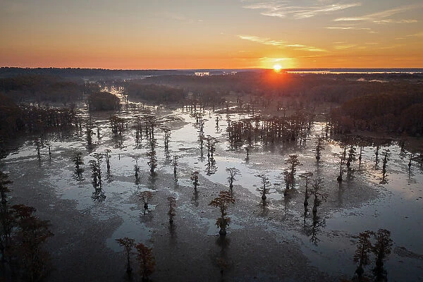 Aerial view of Lake Caddo, Texas, at sunrise, USA