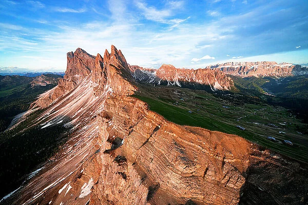 Aerial view of Odle group, Seceda, Sella and Cirspitzen at sunset, Dolomites, South Tyrol, Italy