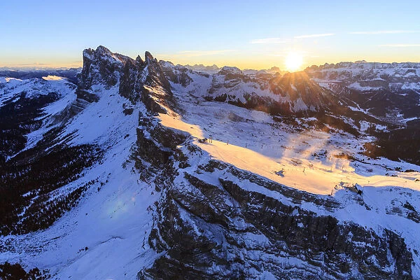 Aerial view of the Odle at sunset. Dolomites Gardena Valley Trentino Alto Adige Italy