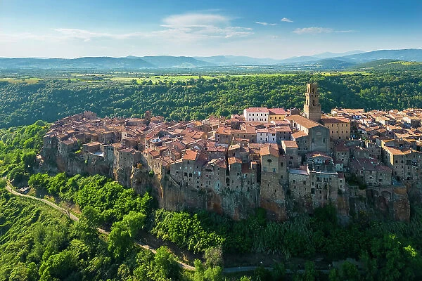 Aerial view of the old town of Pitigliano, called the little Jerusalem'. Grosseto district, Tuscany, Italy