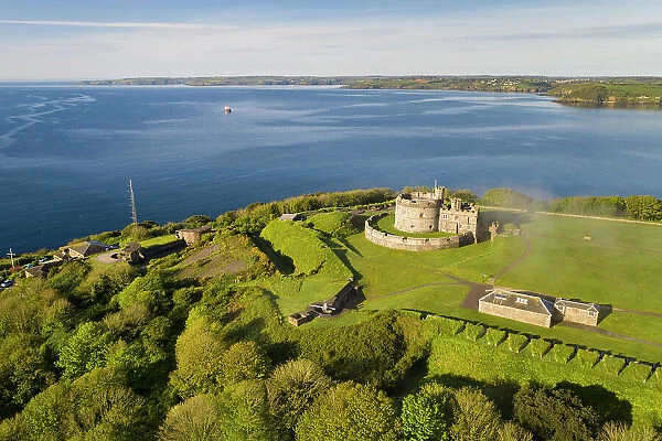 Aerial view of Pendennis Castle on a sunny morning, Falmouth, Cornwall, England. Spring (May) 2023