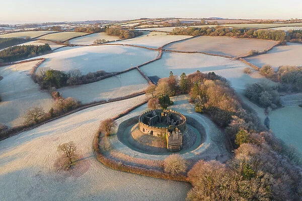 Aerial view of Restormel Castle on a frosty winter morning, Lostwithiel, Cornwall, England. Winter (January) 2023