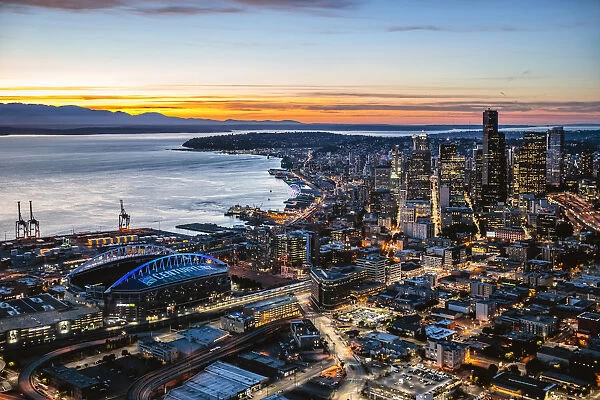 Aerial view of Seattle downtown skyline at dusk, Seattle, Washington, USA