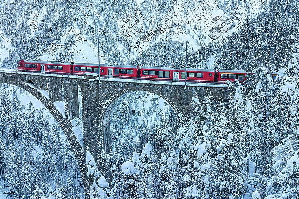 Aerial view of the Swiss red train traveling on Wiesen viaduct across snowy frozen woods, Davos, Graubunden canton, Switzerland