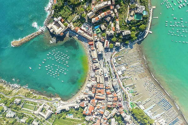 aerial view taken by drone of Silenzio bay, during summer day, municipality of Sestri Levante, Genova province, Liguria district, Italy