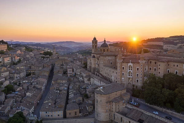 Aerial view of Urbino at sunrise. Urbino, Marche, Italy, Europe