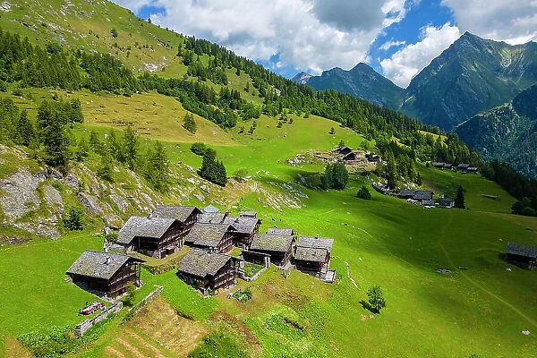Aerial view of walser huts in Alpe Otro. Alagna, Valsesia, Vercelli province, Piedmont, Italy