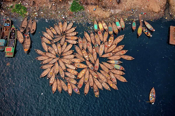 Aerial view of Wooden fishing boats along the Buriganga River, Keraniganj, Dhaka, Bangladesh