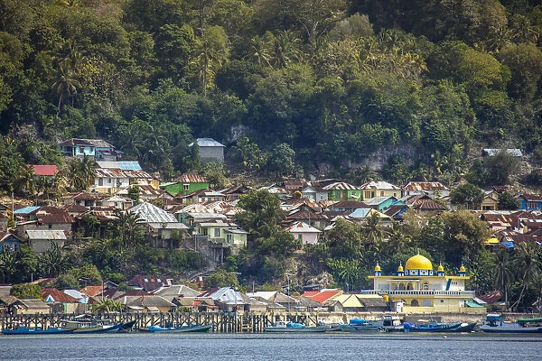 Asia, Indonesia, Spice Islands, Maluku, Banda, Rhun island showing the islandA¢€™s only town. Rhun is also know as Run, Pulau Run, Pulo Run or Puloroon and has been a British (under Captain Nathaniel Courthope) and a Dutch colony