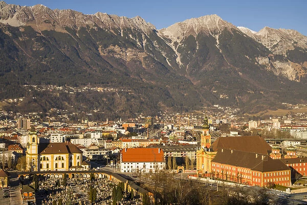 Austria, Tyrol, Innsbruck, elevated view of the Wilten Basilica and the Wilten Abbey